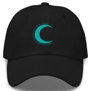 Black yoga trucker hat with a graphic print design on the front that says sun salutations moon manifestations.