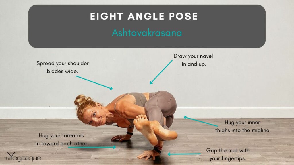 Female yogi practicing Eight Angle Pose plus how to do Eight Angle Pose step by step.