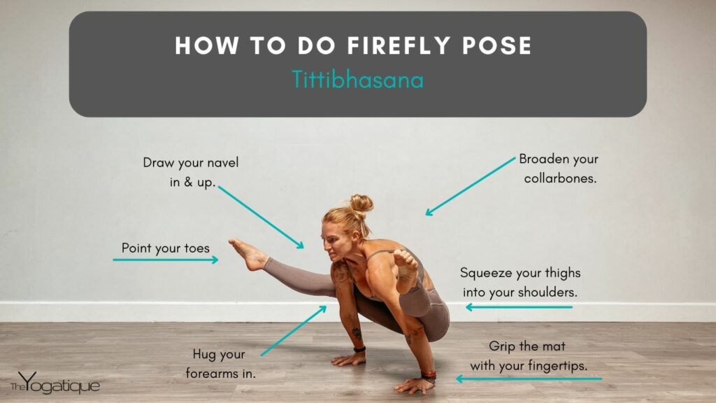 Female yogi doing Firefly Pose plus how to do Firefly Pose step by step.