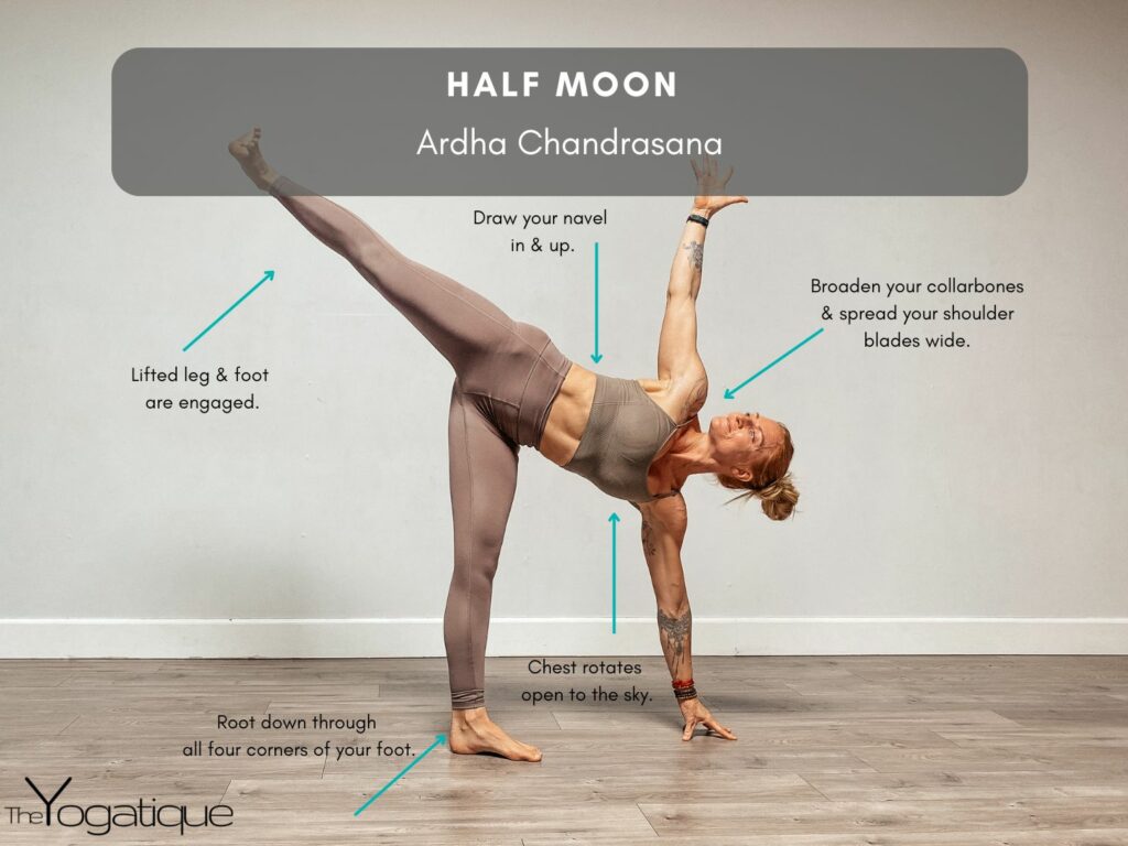 Female yoga teacher demonstrating how to do Half Moon Pose plus pose cues.