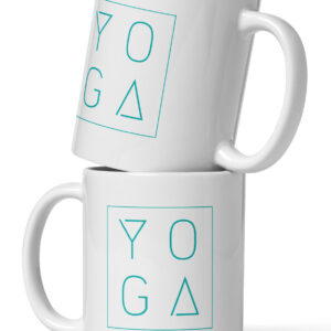 Two stacked white coffee cups for yoga lovers with a minimalist modern yoga design printed on both sides in teal.