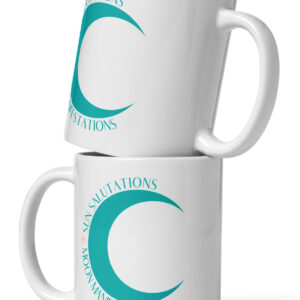 Two white coffee cups for yoga lovers stacked on top of each other with a teal design on both sides that says sun salutations moon manifestations and has an image of a crescent moon.