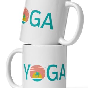 Two white coffee cups for yoga lovers stacked on top of each other with a teal yoga sunset design on both sides.