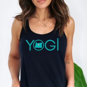 Female yogi with long brunette hair wearing a black racerback yoga tank top with a graphic of Oregon State and the word yogi.