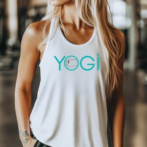 Female yogi with long blonde hair wearing a white racerback yoga tank top with a graphic of Washington State and the word yogi.