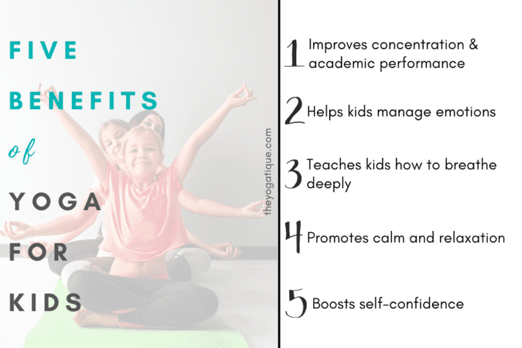 Five benefits of yoga for kids: 1. improved concentration 2. helps kids manage emotions 3. teaches kids how to breathe deeply 4. promotes calm and relaxation 5. boosts self confidence