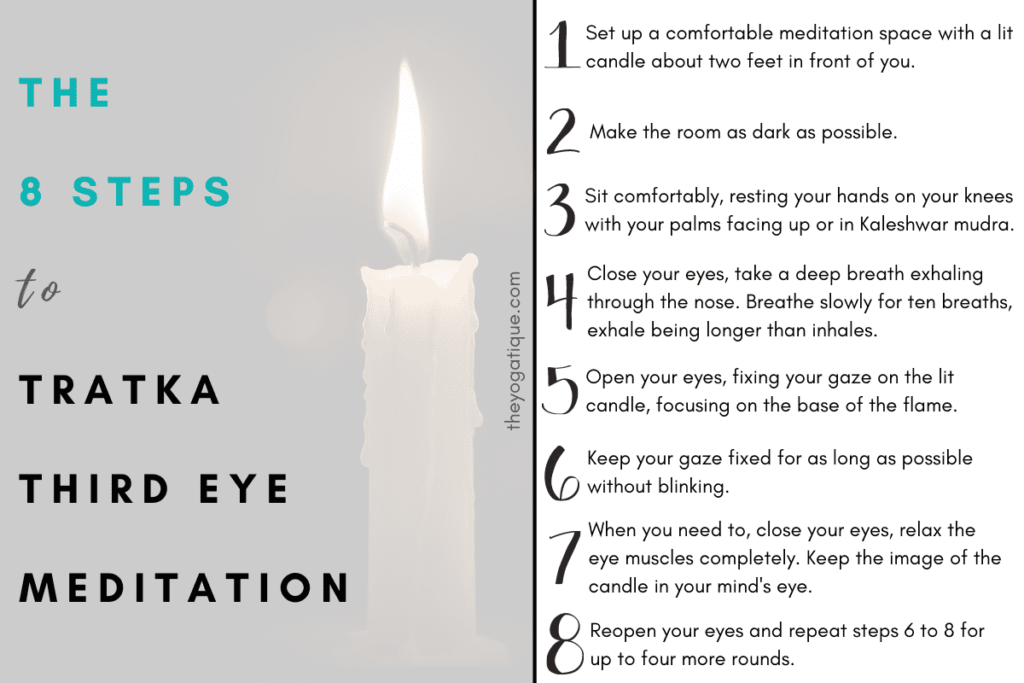 The 8 steps to perform Tratka third eye meditation:
1. Set up a comfortable meditation space with a lit candle about two feet in front of you at eye level. To do this, place the candle on a bedside or coffee table and find a comfortable position on the floor, sitting or kneeling on a cushion or meditation pillow. 2. Make the room as dark as possible by turning off the lights and drawing the curtains. 3. Sit comfortably and rest your hands on your knees with your palms facing up. Alternatively, bring your hands into the third eye mudra (Kaleshwar mudra).
To do the third eye chakra mudra, bring the middle fingertips together and touch the tips of the thumbs. Bend all the other fingers inwards so they join at the second knuckle. Hold this mudra in front of you with the middle fingers pointing up. 4. Close your eyes and take a deep breath, exhaling through the nose. Then breathe slowly for ten breaths, making the exhale longer than the inhale. 5. Open your eyes and fix your gaze on the lit candle before you, focusing on the base of the flame. 6. Keep your gaze fixed for as long as possible without blinking. You might notice your eyes start to tire or water but try to resist blinking for as long as possible. 7. When you need to, close your eyes and relax the eye muscles completely. Keep the image of the candle in your mind's eye until it starts to fade from your imagination. 8. Reopen your eyes and repeat steps 6 to 8 for up to four more rounds.