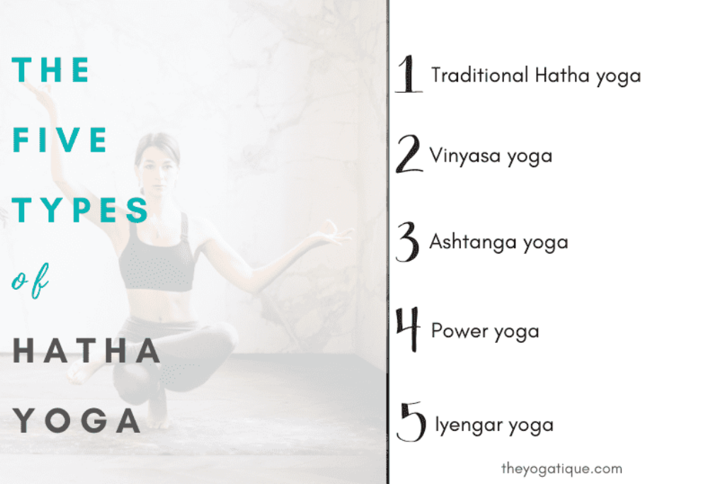 The five types of Hatha yoga: 1. Traditional Hatha yoga 2. Vinyasa yoga 3. Ashtanga yoga 4. Power yoga 5. Iyengar yoga